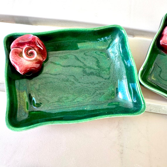 2 3D Rose Ring Dishes, Vintage Ceramic Dark Green… - image 4