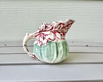 Cabbage Leaf Creamer, Vintage Ceramic Small Milk Pitcher, Green Leaves W/Red Leaves, Country Kitchen Decor