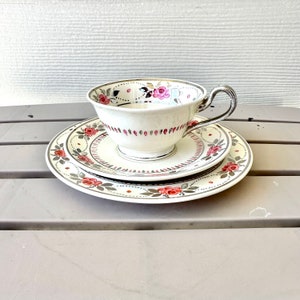 Wedgwood Teacup Set, Rare Antique 3 Piece Pink Rose W/Silver Trim, Cup, Saucer, Desert Plate, Bridgerton/Downton Abby Style