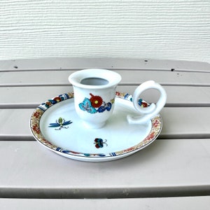 Chamber Candlestick Holder, Vintage Hand Painted Porcelain Limoges Castel France, Colorful Garden Design, Nightstand Ring Dish