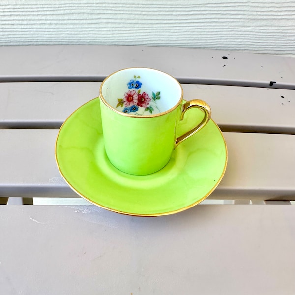 Demitasse Set, Vintage M & R France Limoges Lime Green Porcelain W/Floral Interior Cup And Saucer, Teacup Collectable, Colorful Kitchen