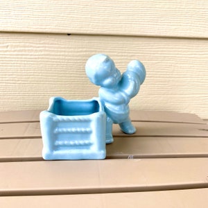 Haeger Blue Baby Boxer Indoor Planter, Vintage Ceramic Retro Nursery Decor, Baby Shower Gift, Rare Kitschy Mid-Century Kids Room Organizer