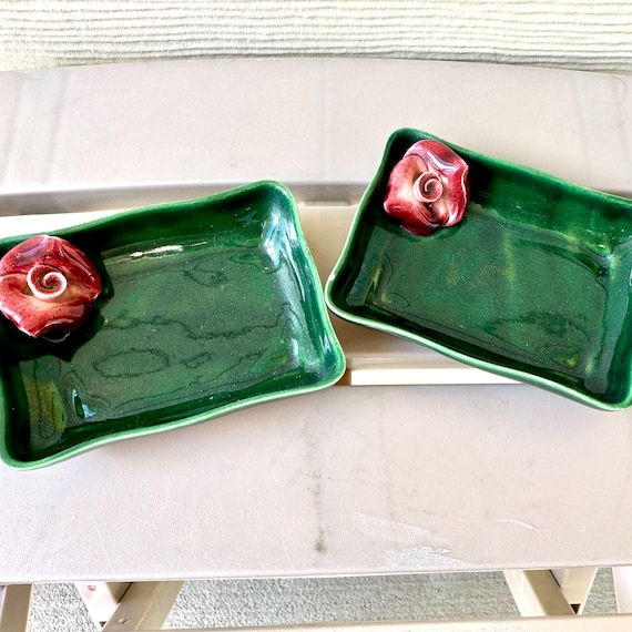 2 3D Rose Ring Dishes, Vintage Ceramic Dark Green… - image 3