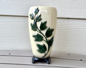 Royal Copley Embossed Climbing Ivy Vase, Vintage Ceramic MCM Cream & Green Floral Decor, Retro Housewarming Gift