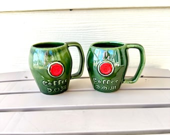 2 D.O.M. Benedictine Mugs, Vintage McCoy USA Green Glaze Red Seal Coffee Cups, Retro Barware