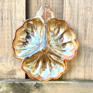 Jeannette Glass Doric/Pansy Marigold Iridescent 1970 CARNIVAL GLASS Nut Dish, 7” x 6.25”, Glamorous Mid-Century Decor
