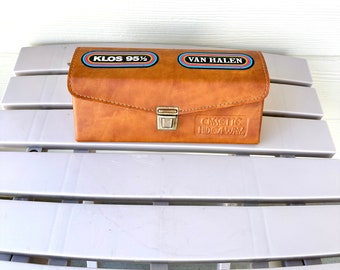 Cassette Tape Case, Vintage 1970’s Leather Hide-A-Way Beaux Merzon Travel Car Storage, Holds 6 Tapes, W/Retro Van Halen Sticker