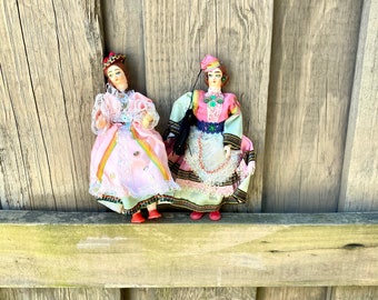 2 Greek Folk Art Souvenir Dolls, Vintage Traditionally Dressed Greece Doll, Apokrias Carnival Party Hand Painted Boho World Decor