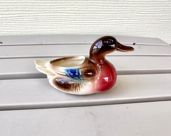 Small Duck Planter, Vintage MCM Airbrushed Ceramic Mallard Trinket Dish/Air Plant Holder, Lodge Decor