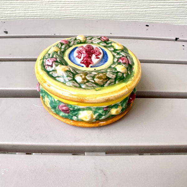 Firenze Fleur De Lis Lidded Trinket Box, Vintage Italian Hand Painted Floral Round Stoneware Jewelry Box, Colorful Majolica Made In Italy