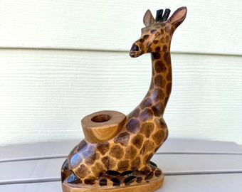 Giraffe Candlestick Holder, Vintage Wood Hand Carved African-Kenya Wildlife Candle Holder
