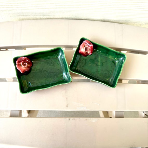 2 3D Rose Ring Dishes, Vintage Ceramic Dark Green… - image 2