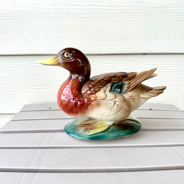 Mallard Hen Statue, Large Vintage MCM Hand Painted Airbrushed Ceramic Duck, Lake House/Lodge Decor