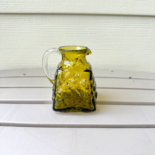 Rock Glass Small Pitcher, Vintage Handblown Avocado Green Art Glass Vase W/Clear Handle, Pilgrim Glass Style