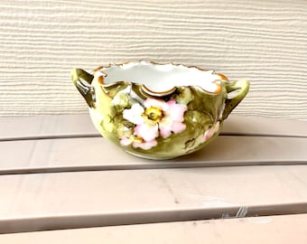 Imperial Crown China Bowl, Antique Porcelain Hand Painted Dogwood Blossom Vienna Austria Candy Dish, Scalloped Edge W/Handles & Gold Trim