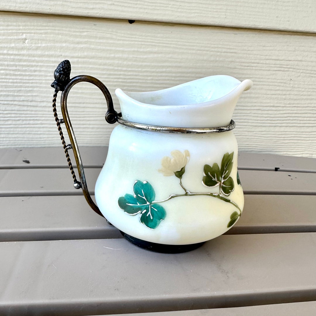 Middletown Milk Glass Creamer, Antique Hard White Plated Silver Tassel Handle W/green Moriage