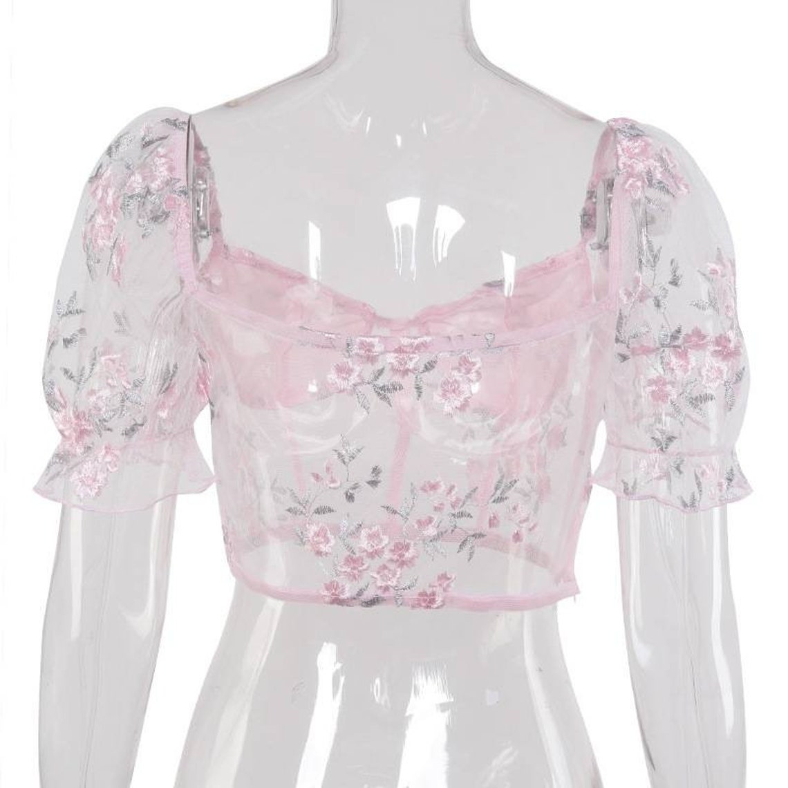 Floral women embroidery mesh puff sleeves top blouse Pink Mesh Etsy