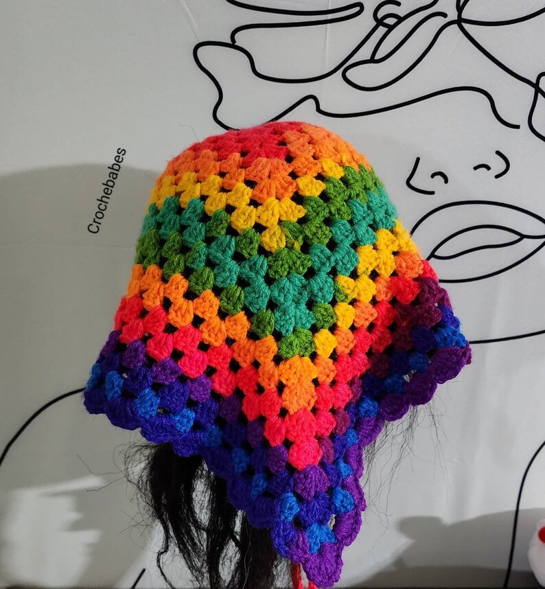 Bhoho hippie Granny square triangle head scarf with ties. Handmade colorful cotton hair kerchief. Retro rainbow bandana headband. image 1