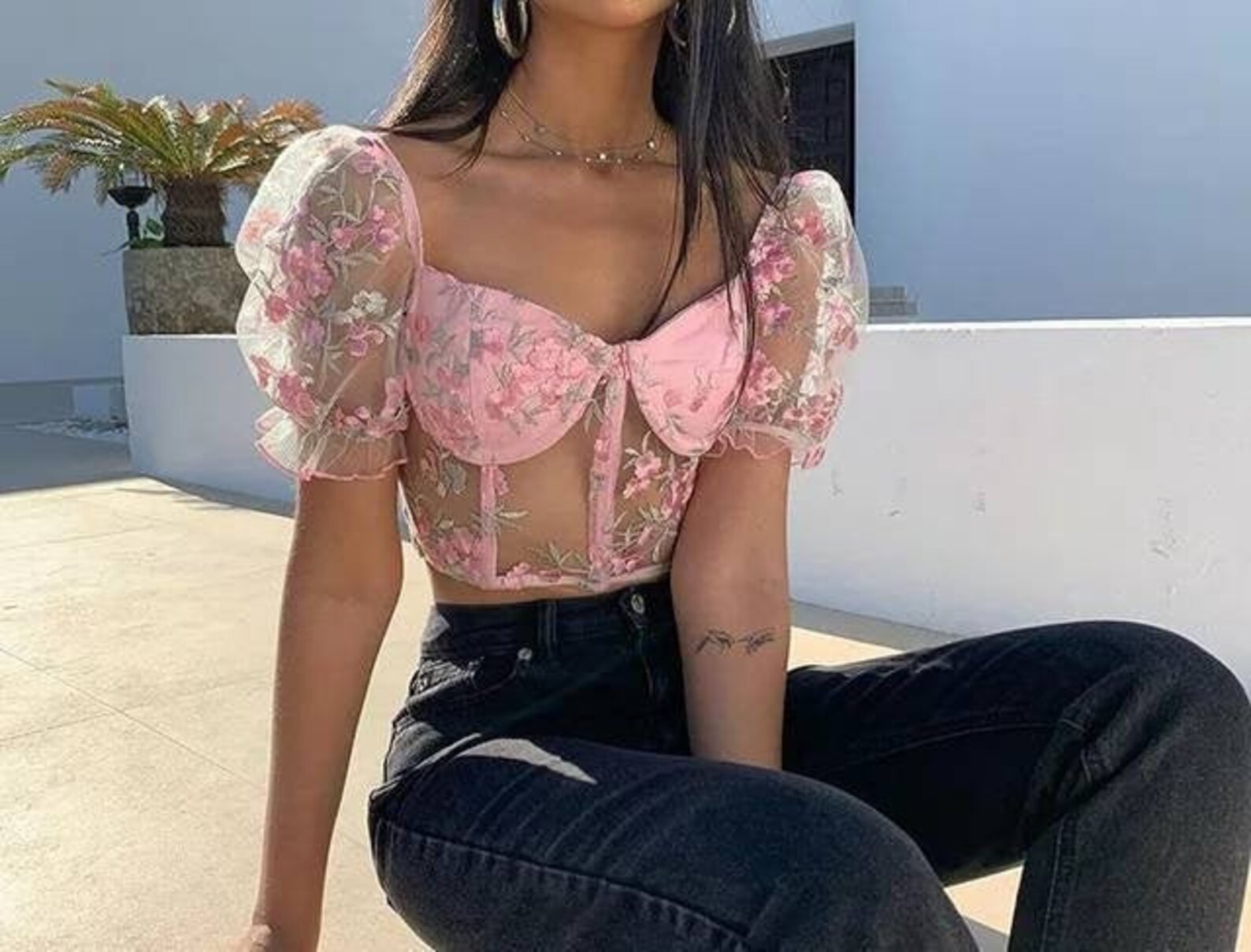 Floral women embroidery mesh puff sleeves top blouse Pink | Etsy