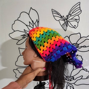 Bhoho hippie Granny square triangle head scarf with ties. Handmade colorful cotton hair kerchief. Retro rainbow bandana headband. image 3