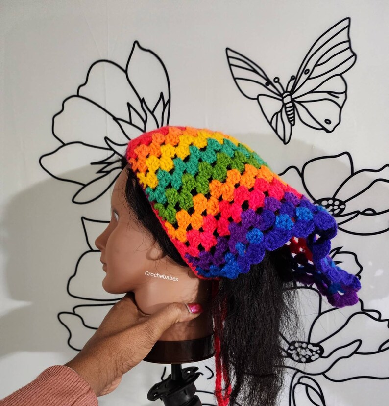 Bhoho hippie Granny square triangle head scarf with ties. Handmade colorful cotton hair kerchief. Retro rainbow bandana headband. image 3