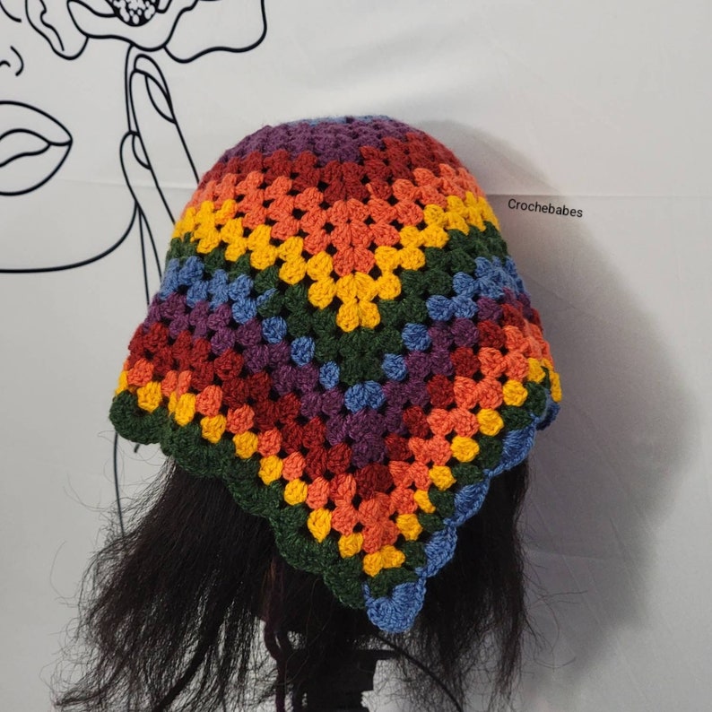 Bhoho hippie Granny square triangle head scarf with ties. Handmade colorful cotton hair kerchief. Retro rainbow bandana headband. image 4