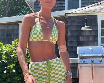 Checkered Bikini Top  and mini skirt Beachwear .summer outfits, crochet bikini sets . Two-piece sets/boho bikini