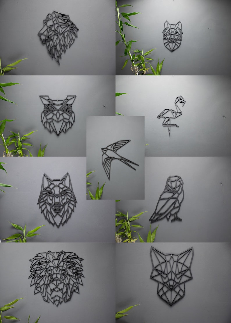 May include: A collection of geometric animal wall decor in black metal. The designs include a lion, wolf, fox, owl, flamingo, and a swallow.