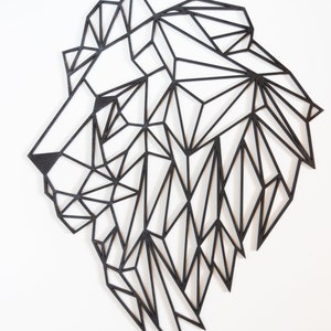 May include: Black geometric lion head wall art made of wood. The lion's head is made up of many triangles and is in a profile view.