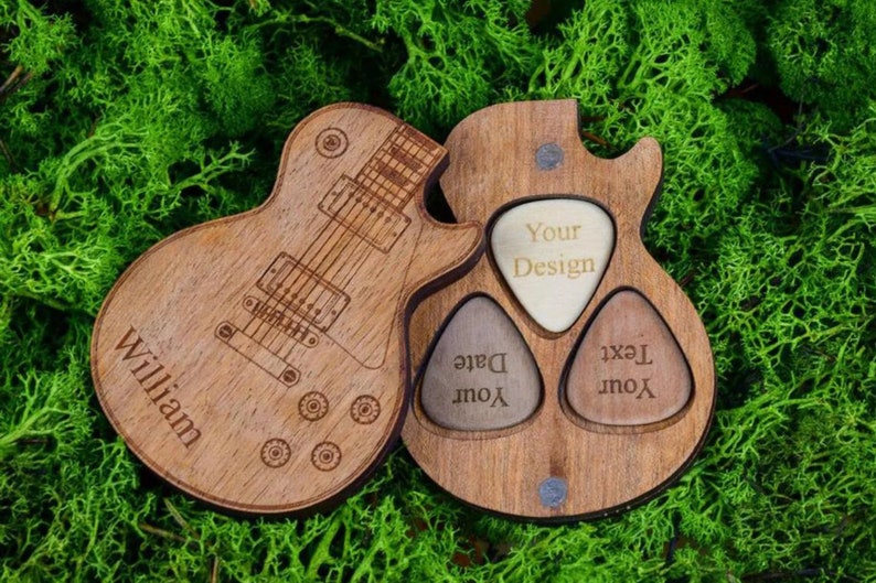 Personalized guitar pick with case for Valentines day, Gift for Dad, Wooden guitar pick, Personalized pick, Gifts for him, Guitar pick image 1