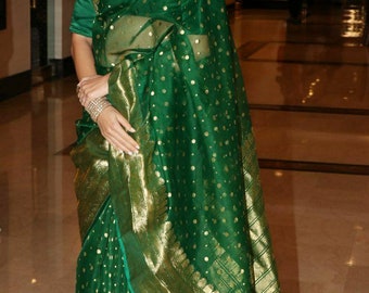 Anushka Sharma Green Gold Chanderi Handwoven Saree