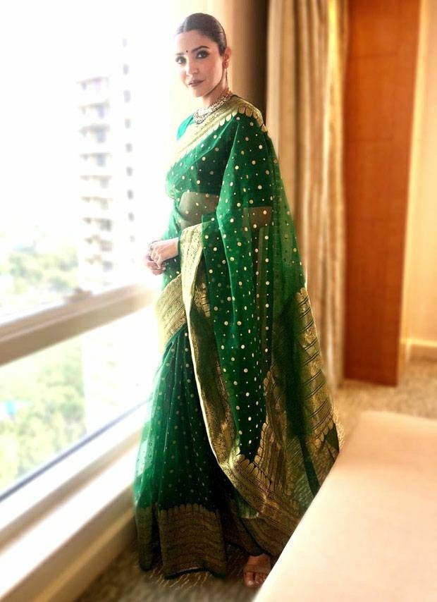 anushka sharma green dress Anushka Sharma Green Gold Chanderi Handwoven Saree