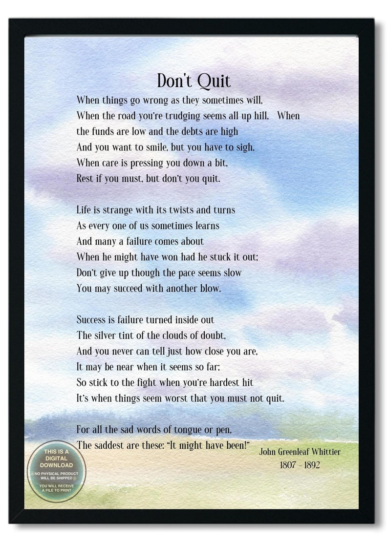 Don't Quit Poem, John Greenleaf Whittier Quote, Graduation Gift ...
