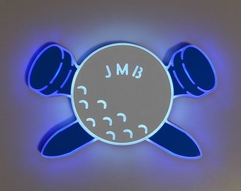 Golf Ball with cross tees wall Sign, Neon like, golf night light, edge Lit LED, golf light Art, golf Decorations, personalized golf Decor