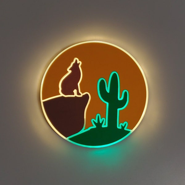 Southwestern art Sign , Neon like, Southwestern night light, edge Lit LED, Southwestern art sign, Coyote light art, Coyote light up sign