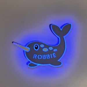 Narwhal light up wall Sign, Neon like, Narwhal night light, edge Lit LED, Narwhal light Art, Narwhal Decorations, Narwhal Decor