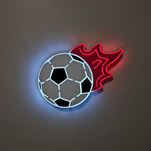 Flaming Soccer Ball LED Sign: Edge Lit Wall Decor