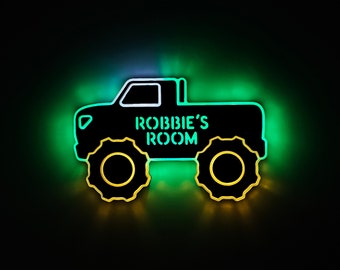 Personalized Monster Truck LED Sign: Edge Lit Neon-Like Light Art