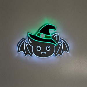 Bat with witch hat Sign, Neon like, Halloween night light, edge Lit LED, Halloween art sign, Bat light art, Bat sign, Halloween decor