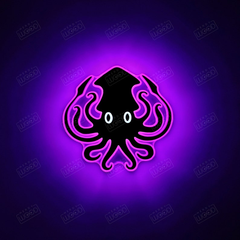 May include: A neon pink outline of an octopus with black tentacles and white eyes against a dark purple background.