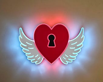 Heart with Lock and Wings LED Sign: Valentine's Day Decor