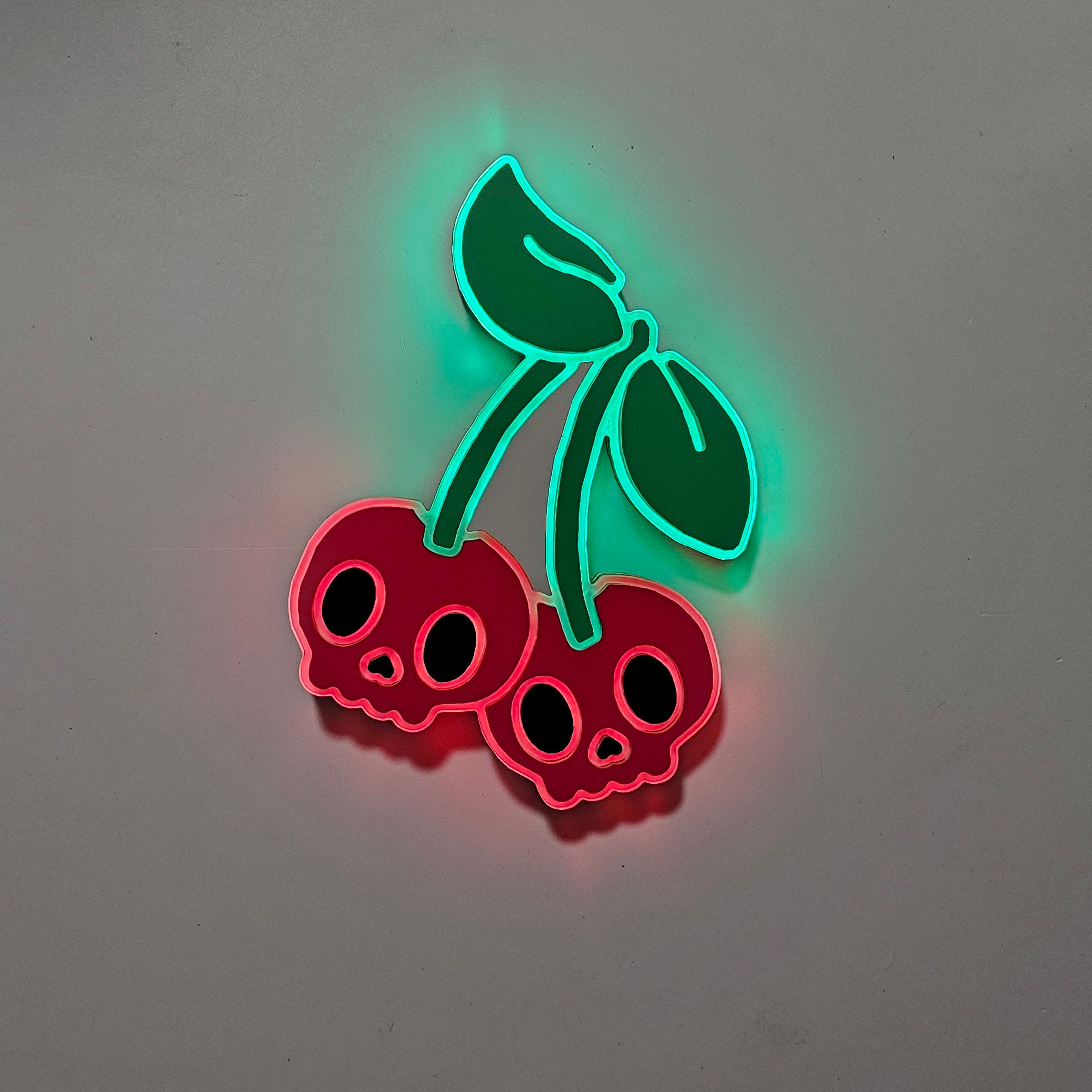 Cherry Skull LED Sign: Edge Lit Acrylic & Wood Decor