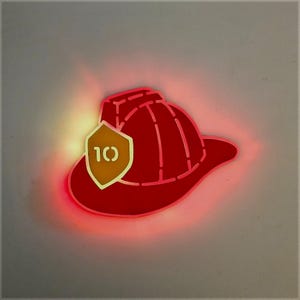 Personalized Fireman Helmet LED Sign: Edge Lit Station Number