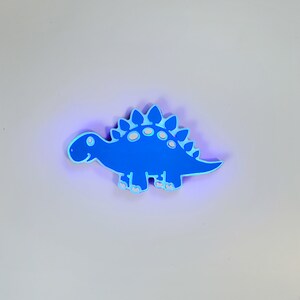 May include: A blue cartoon dinosaur with white spikes and white eyes. The dinosaur is facing the right side of the image.