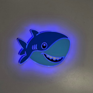 Cute Shark Sign, Neon like, Shark night light, edge Lit LED, cute shark light art sign, cute shark light up sign, Shark LED Sign