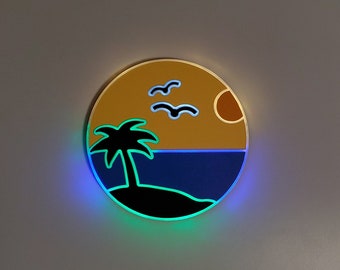 Beach art Sign , Neon like, Palm tree night light, edge Lit LED, Beach art sign, Island light art, Beach light up sign