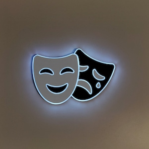 Theater Masks Sign, Neon like, Theater Masks night light, edge Lit LED, Theater Masks Art, Drama masks decoration, Theater Masks lamp image 1