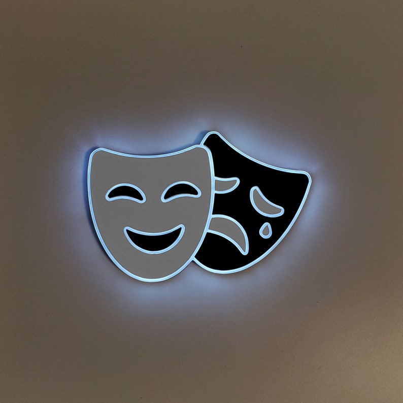 Theater Masks Sign, Neon like, Theater Masks night light, edge Lit LED, Theater Masks Art, Drama masks decoration, Theater Masks lamp image 1