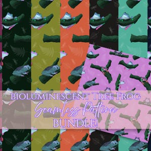 Puede incluir: Un paquete de patrones sin costuras con ranas arbóreas bioluminiscentes sobre ramas, con una variedad de fondos coloridos que incluyen púrpura, verde, naranja y rosa. El texto "BIOLUMINESCENT TREE FROG Seamless Pattern BUNDLE!" está superpuesto.