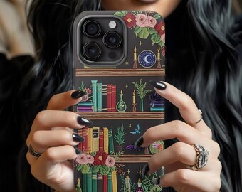 Dark Academia Bookshelf Phone Case, Goth Floral Witch Style, Embroidery Design